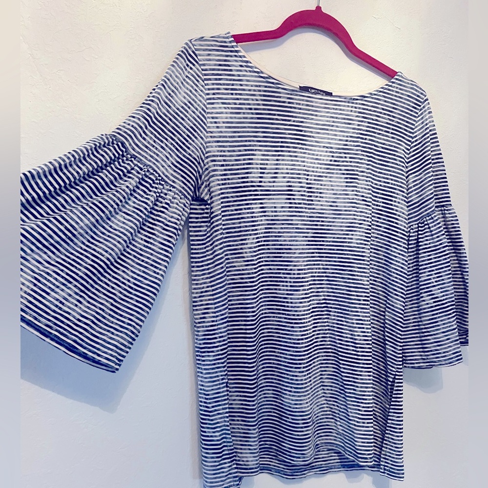 Karen Kane Blue Stripe Cotton Bell Sleeve Top Sz M